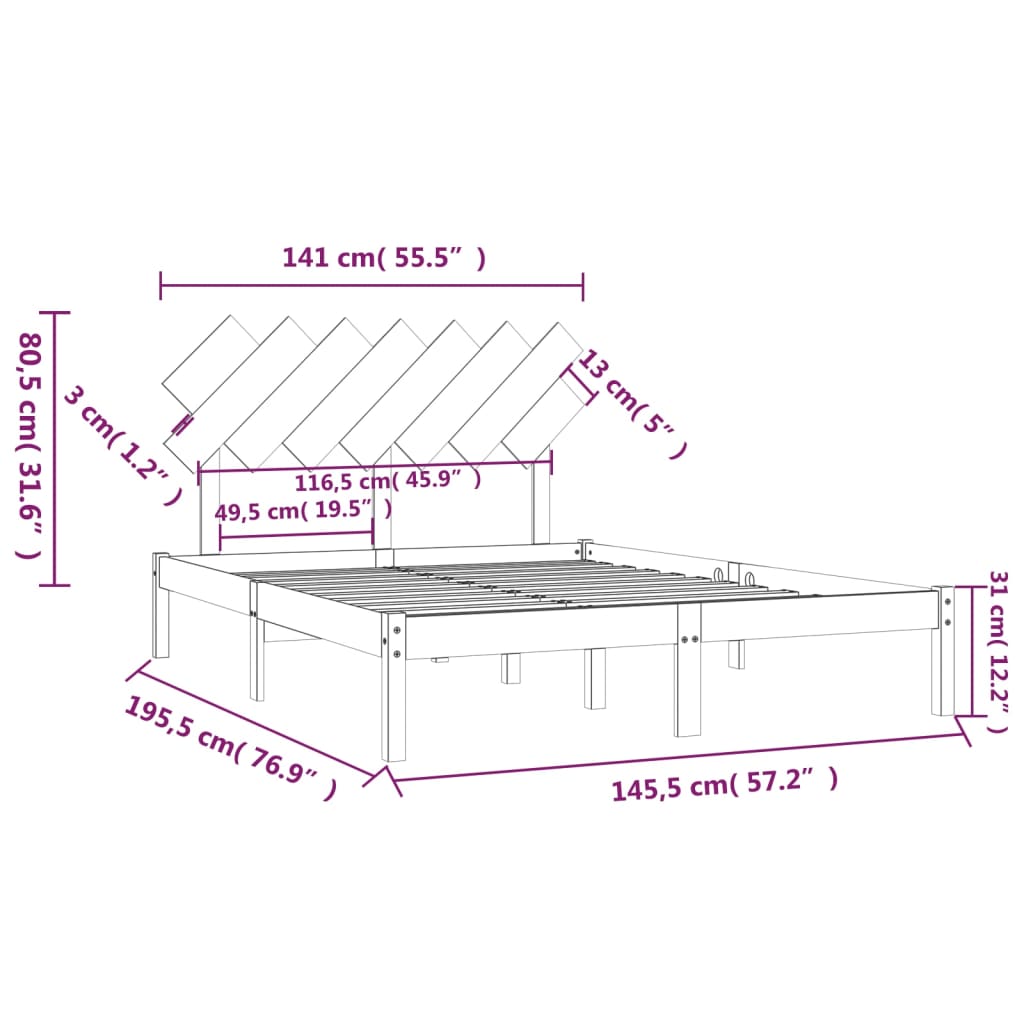 Okvir za krevet bijela 140x190 cm od masivnog drva