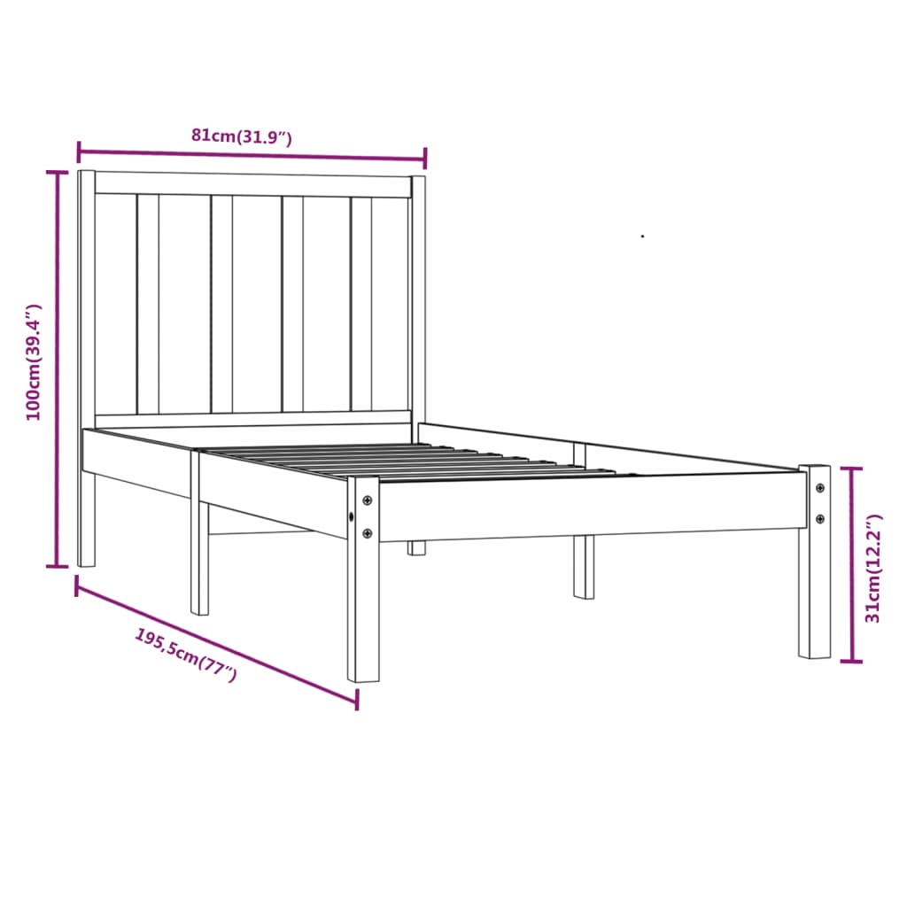 Okvir za krevet od borovine crni 75 x 190 cm jednokrevetni