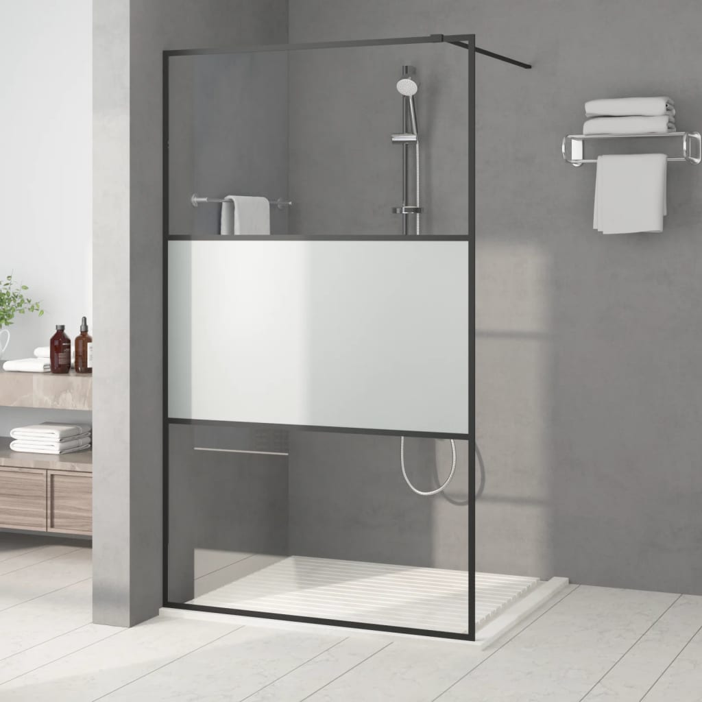 Pregrada za tuš crna 115 x 195 cm s napola mutnim staklom ESG