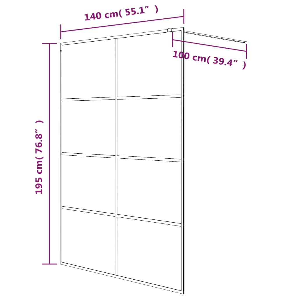 Pregrada za tuš crna 140 x 195 cm s mutnim staklom ESG