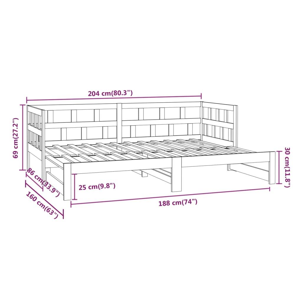 Dnevni krevet na izvlačenje masivna borovina 2x(80x200) cm