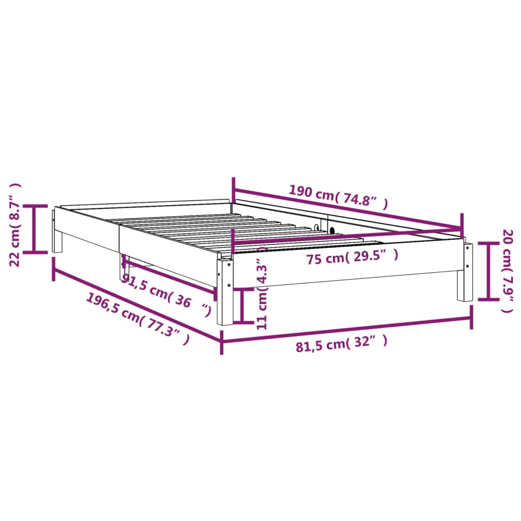 Složivi krevet crni 75 x 190 cm od masivne borovine