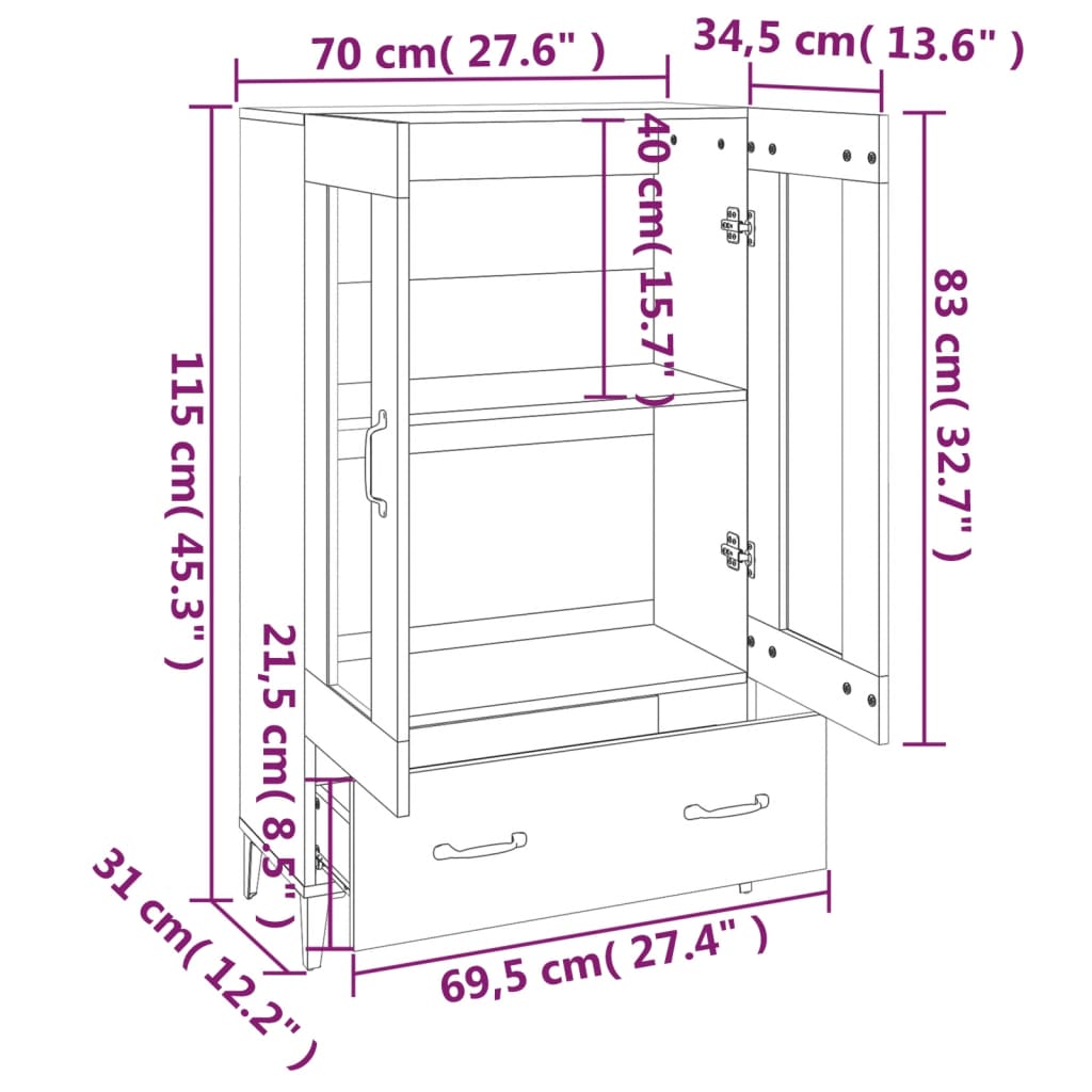 Visoka komoda siva boja betona 70x31x115 cm konstruirano drvo
