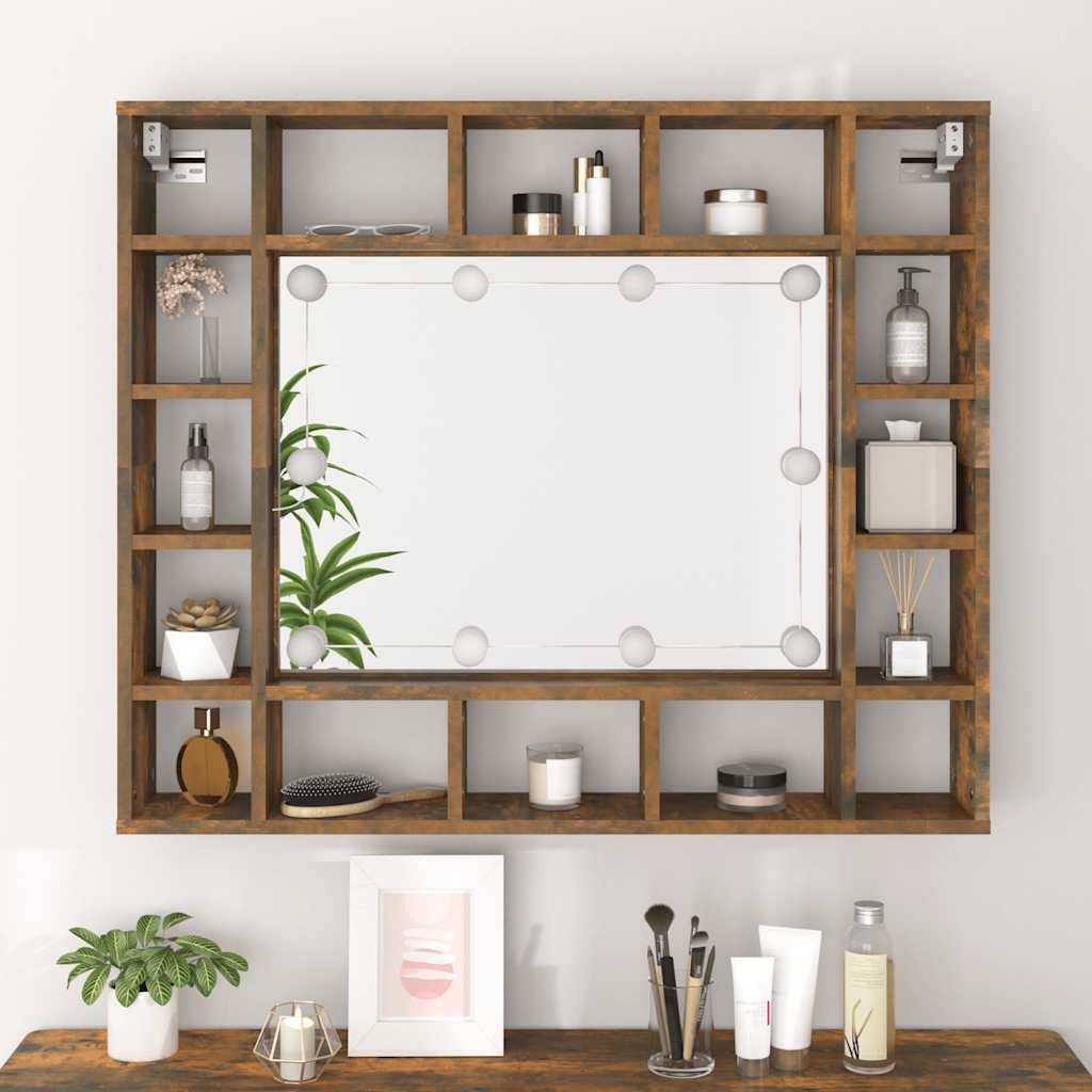 Ormarić s ogledalom LED boja dimljenog hrasta 91x15x76,5 cm