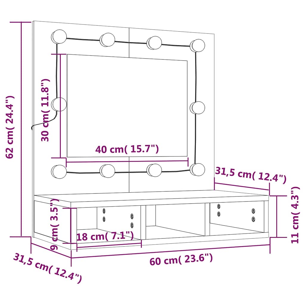 Ormarić s ogledalom LED boja dimljenog hrasta 60x31,5x62 cm