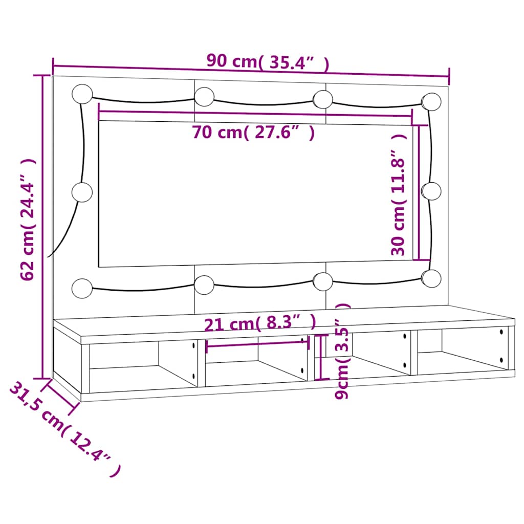 Ormarić s ogledalom LED boja smeđeg hrasta 90x31,5x62 cm