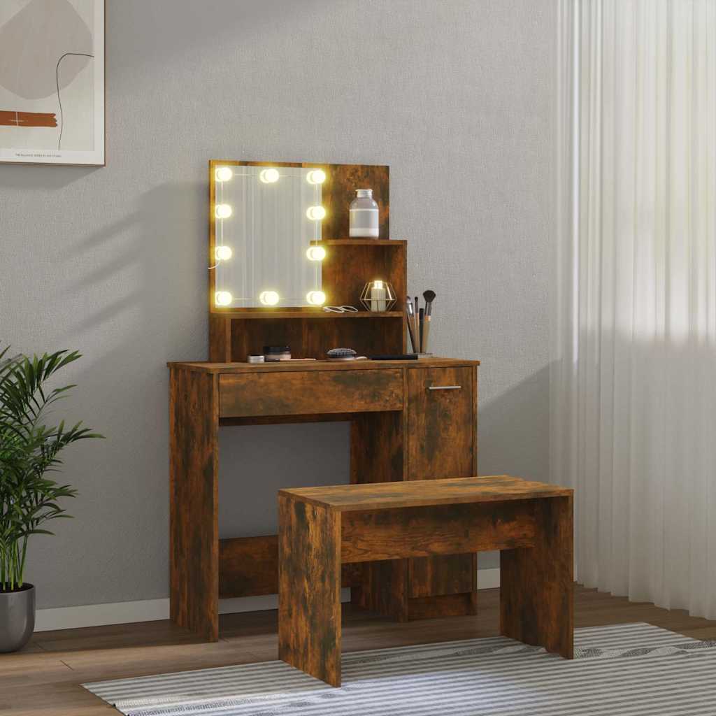 Set toaletnog stolića LED boja hrasta od konstruiranog drva Smeđa 86.5 x 35 x 136 cm
