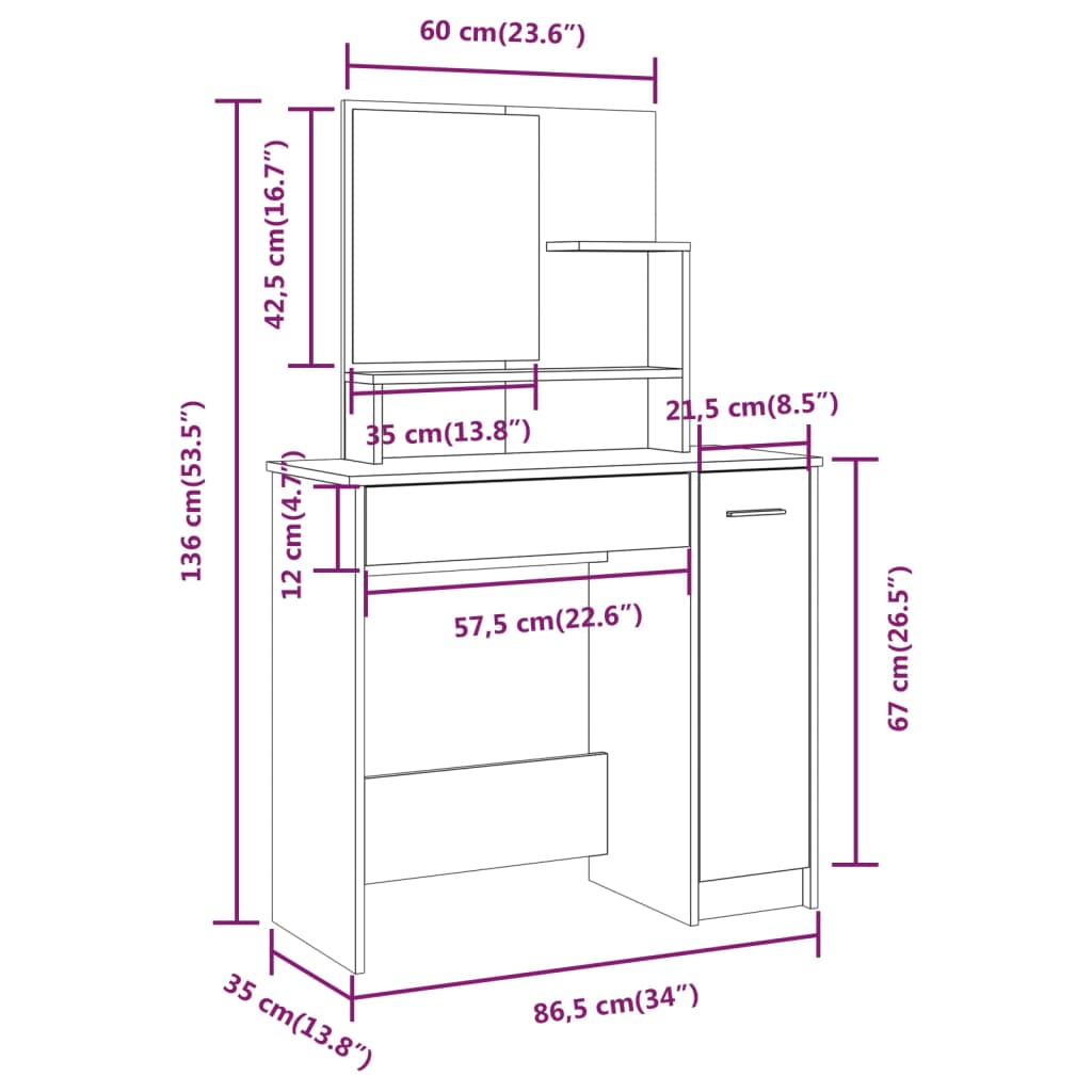 Set toaletni stolić boja smeđeg hrasta 86,5x35x136 cm