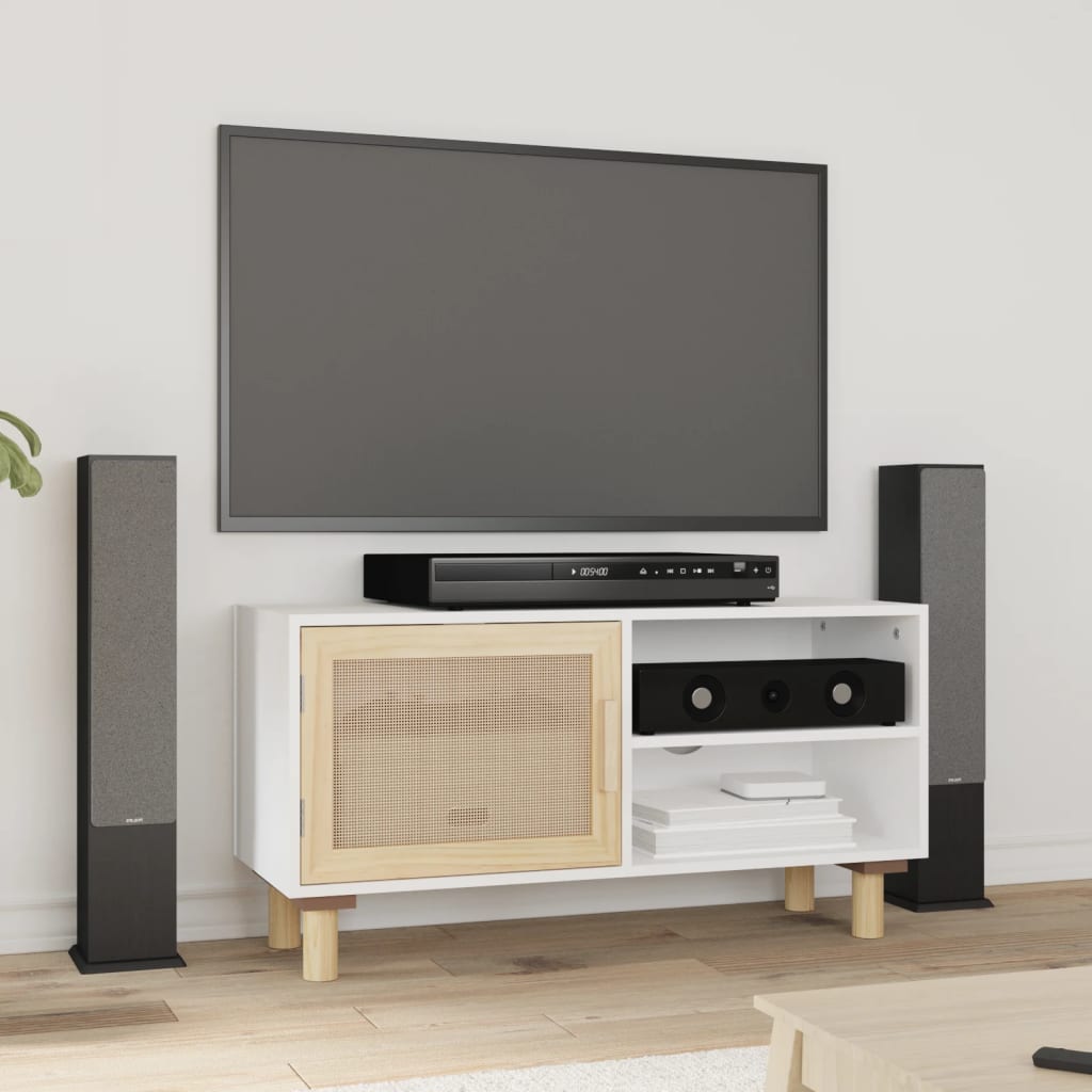 TV ormarić bijeli 80x30x40 cm od borovine i prirodnog ratana