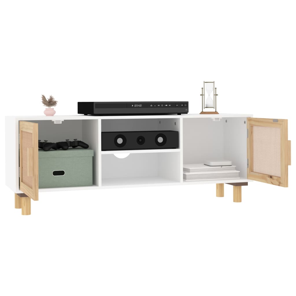 TV ormarić bijeli 105x30x40 cm od borovine i prirodnog ratana