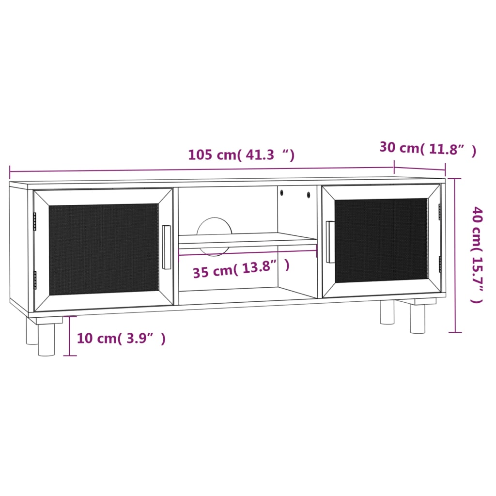 TV ormarić bijeli 105x30x40 cm od borovine i prirodnog ratana