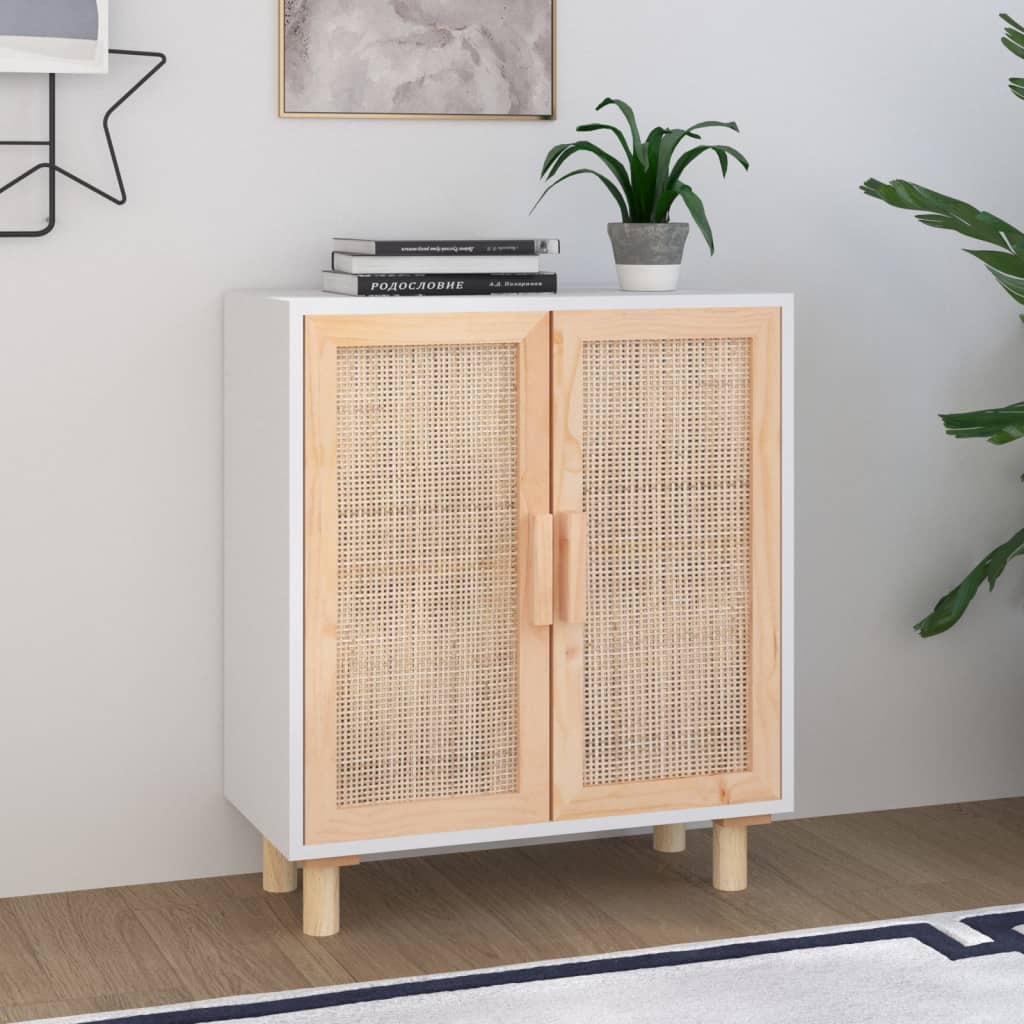 Komoda bijela 60 x 30 x 70 cm masivna borovina i prirodni ratan