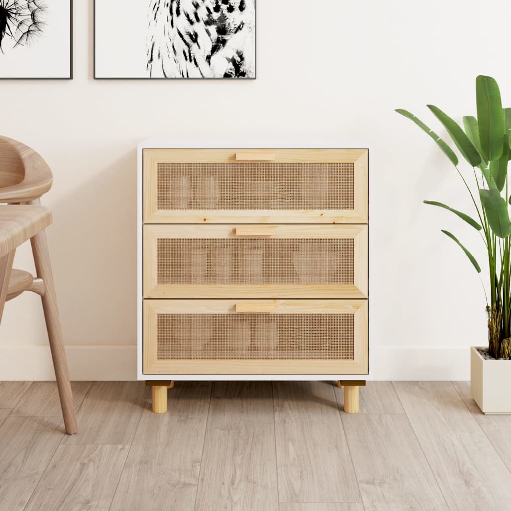 Komoda bijela 60 x 30 x 70 cm masivna borovina i prirodni ratan