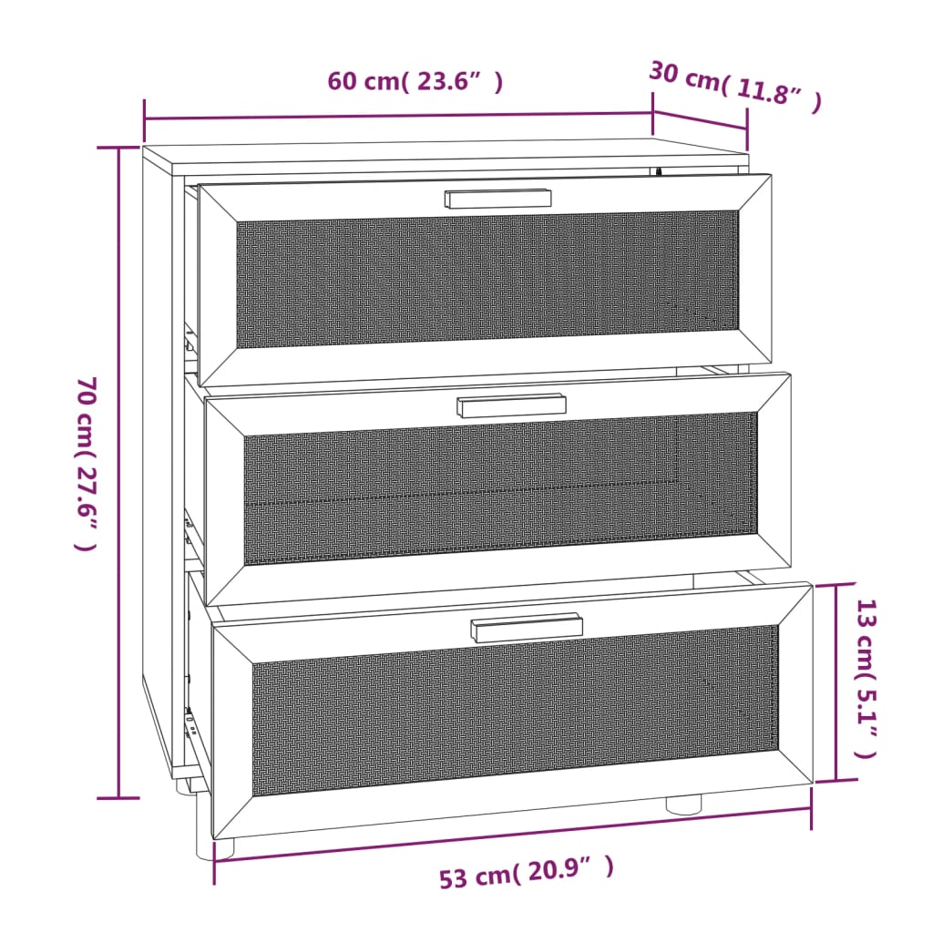 Komoda crna 60 x 30 x 70 cm masivna borovina i prirodni ratan
