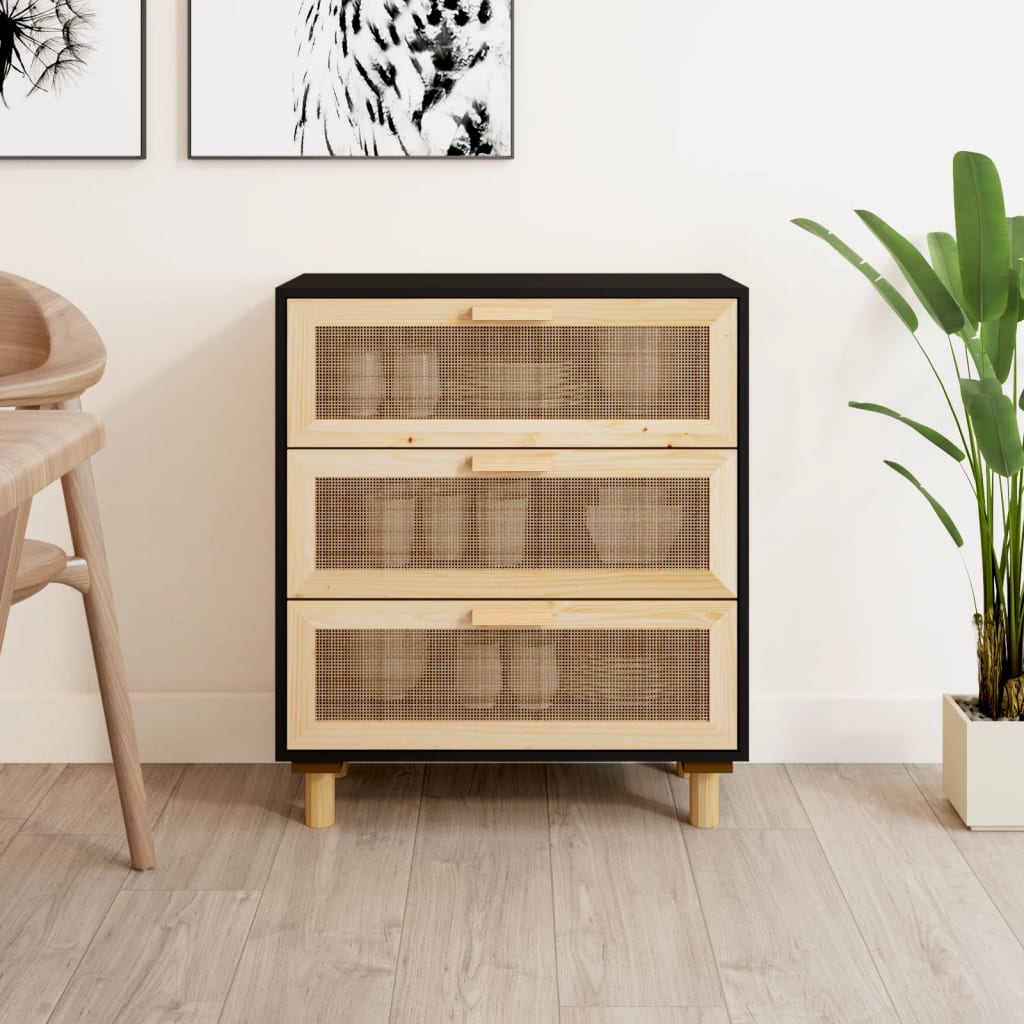 Komoda crna 60 x 30 x 70 cm masivna borovina i prirodni ratan