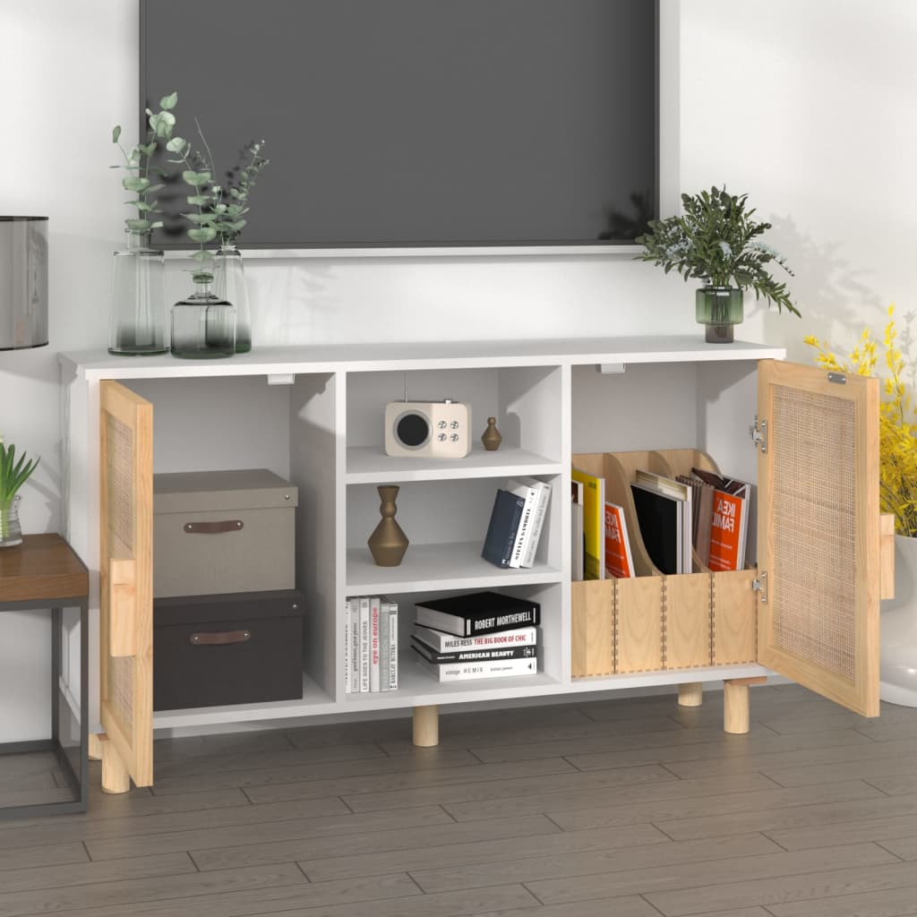 Komoda bijela 105x30x60 cm masivna borovina i prirodni ratan