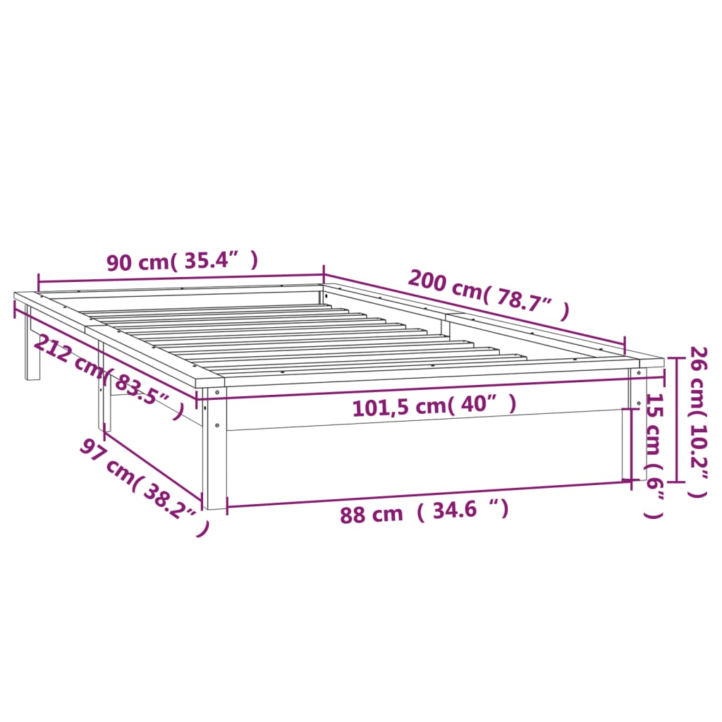 LED okvir za krevet 90 x 200 cm od masivnog drva