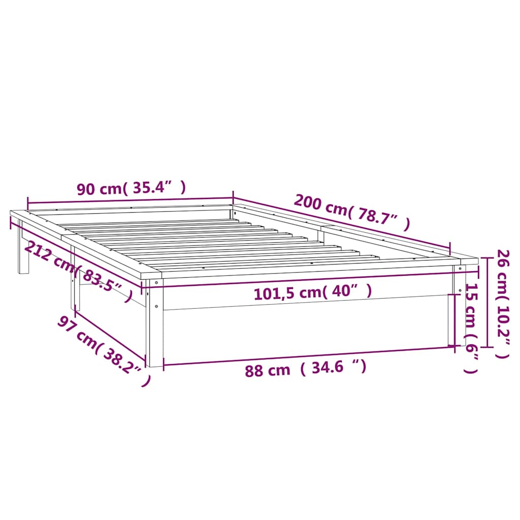 LED okvir za krevet bijeli 90 x 200 cm od masivnog drva