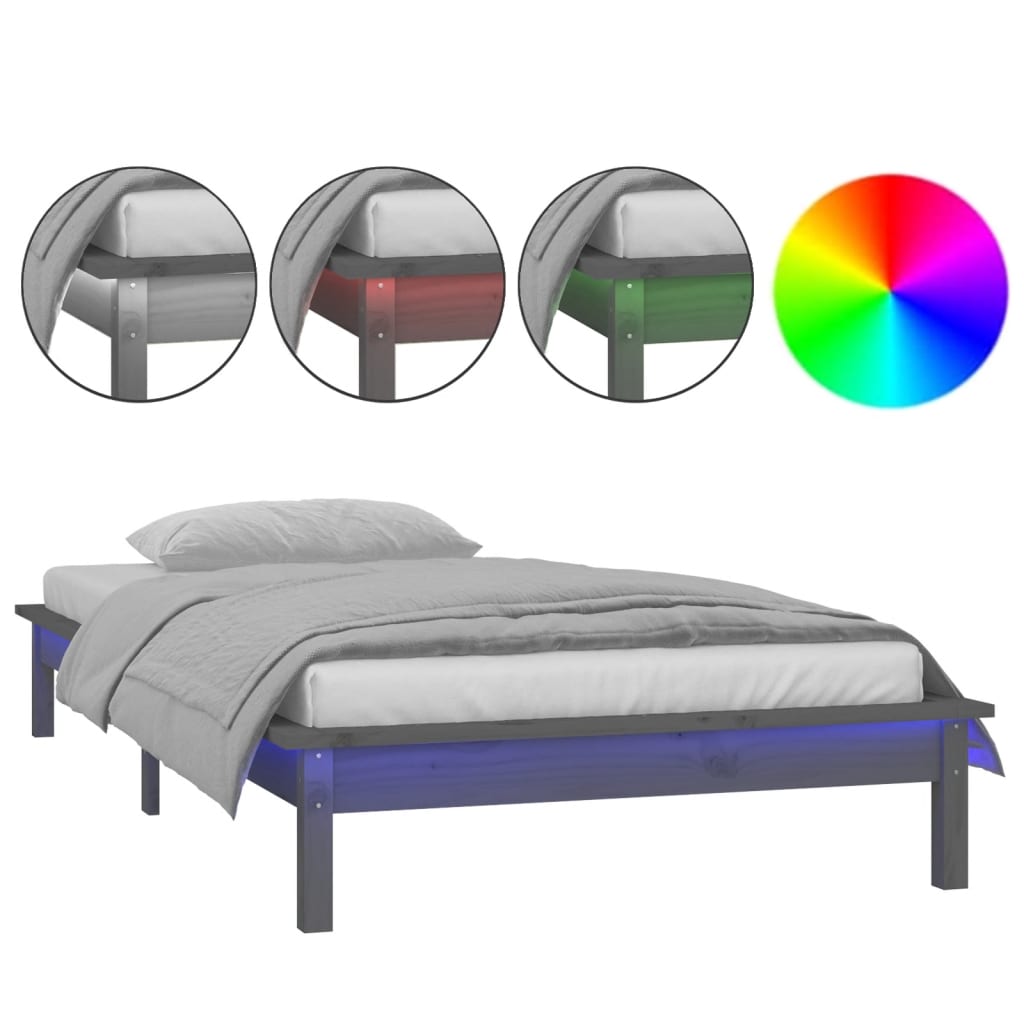 LED okvir za krevet sivi 90 x 200 cm od masivnog drva