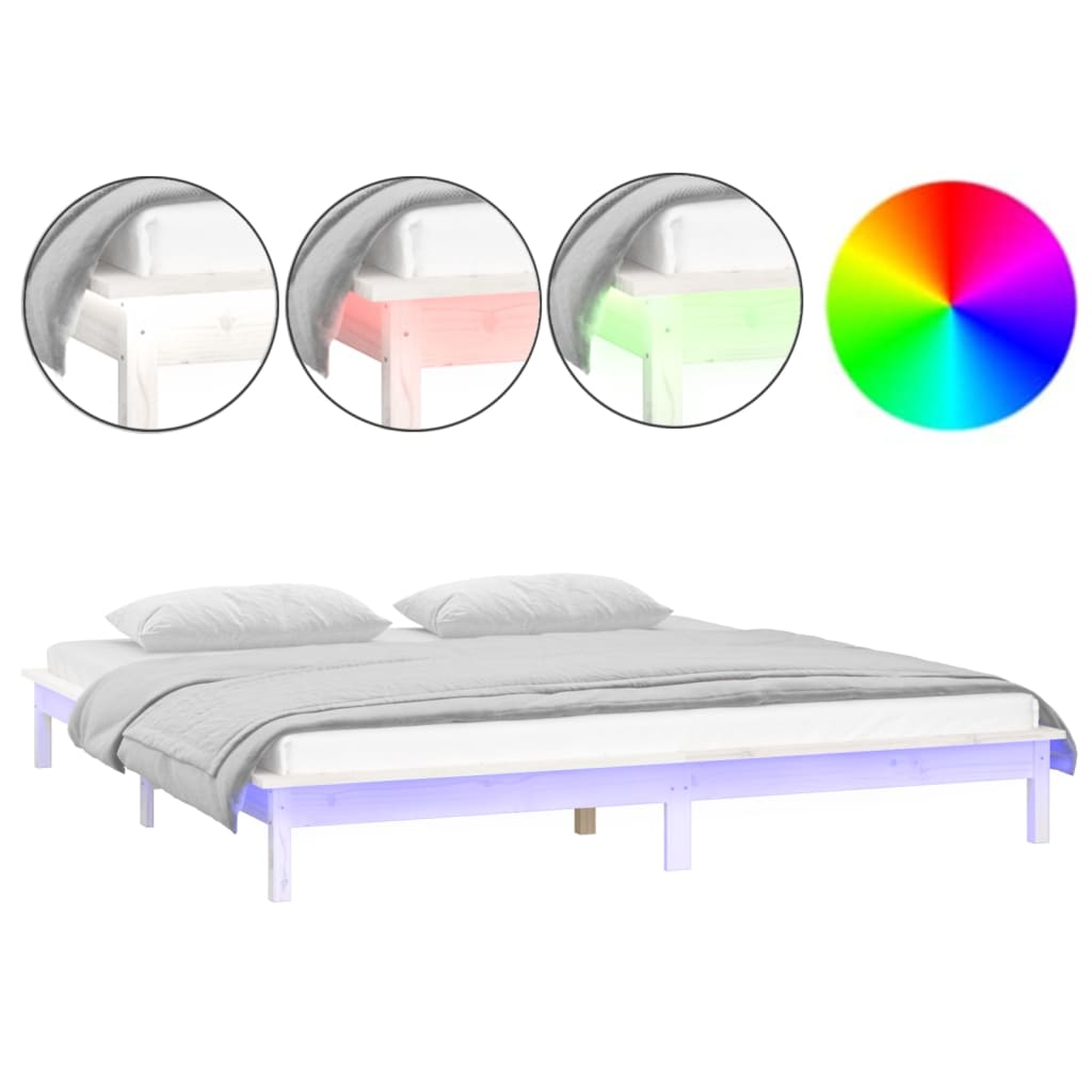 LED okvir za krevet bijeli 200 x 200 cm od masivnog drva