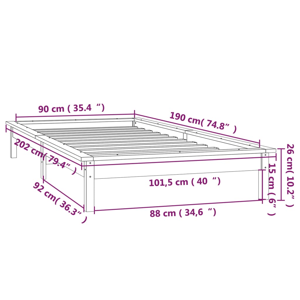 LED okvir kreveta 90 x 190 cm mali od masivnog drva