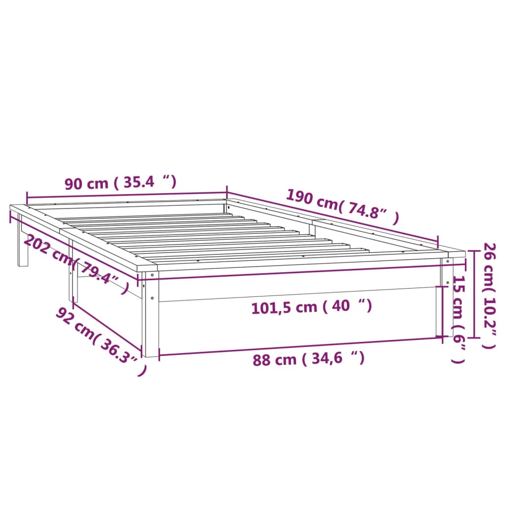 LED okvir kreveta crni 90 x 190 cm mali od masivnog drva