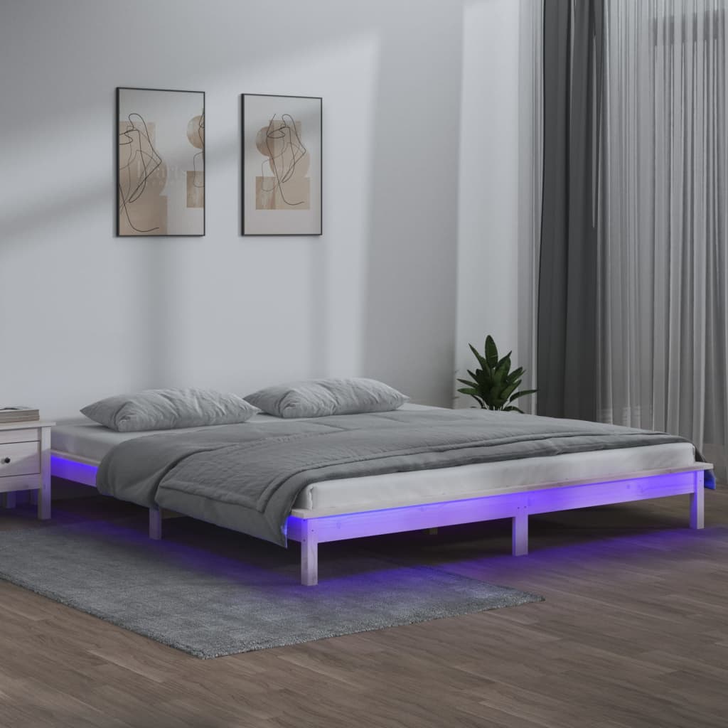 LED okvir za krevet bijela 140 x 190 cm od masivnog drva