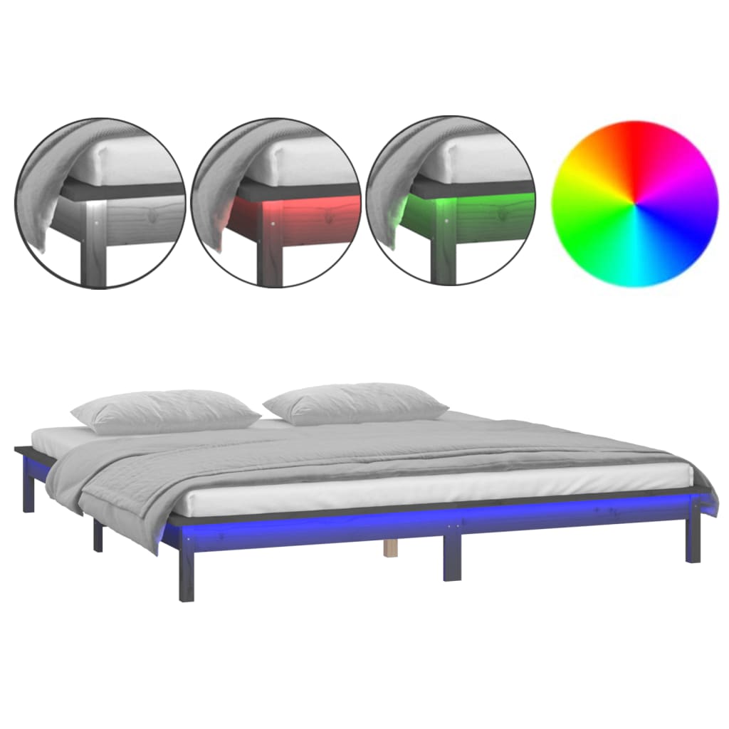 LED okvir za krevet sivi 140 x 190 cm od masivnog drva
