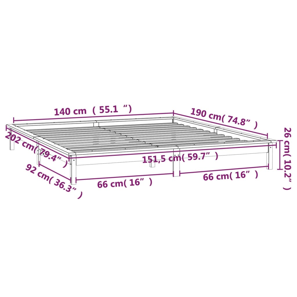 LED okvir za krevet sivi 140 x 190 cm od masivnog drva