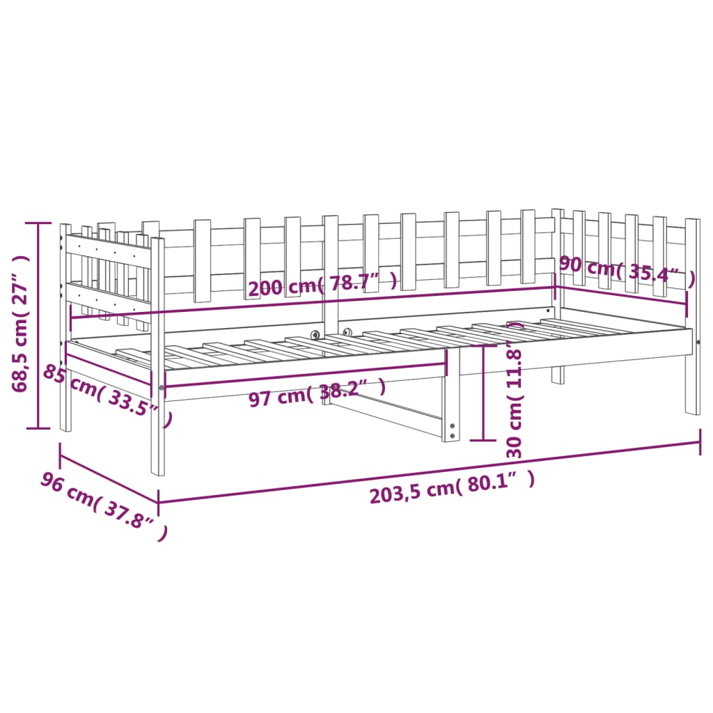 Dnevni krevet bez madraca bijeli 90 x 200 cm masivna borovina