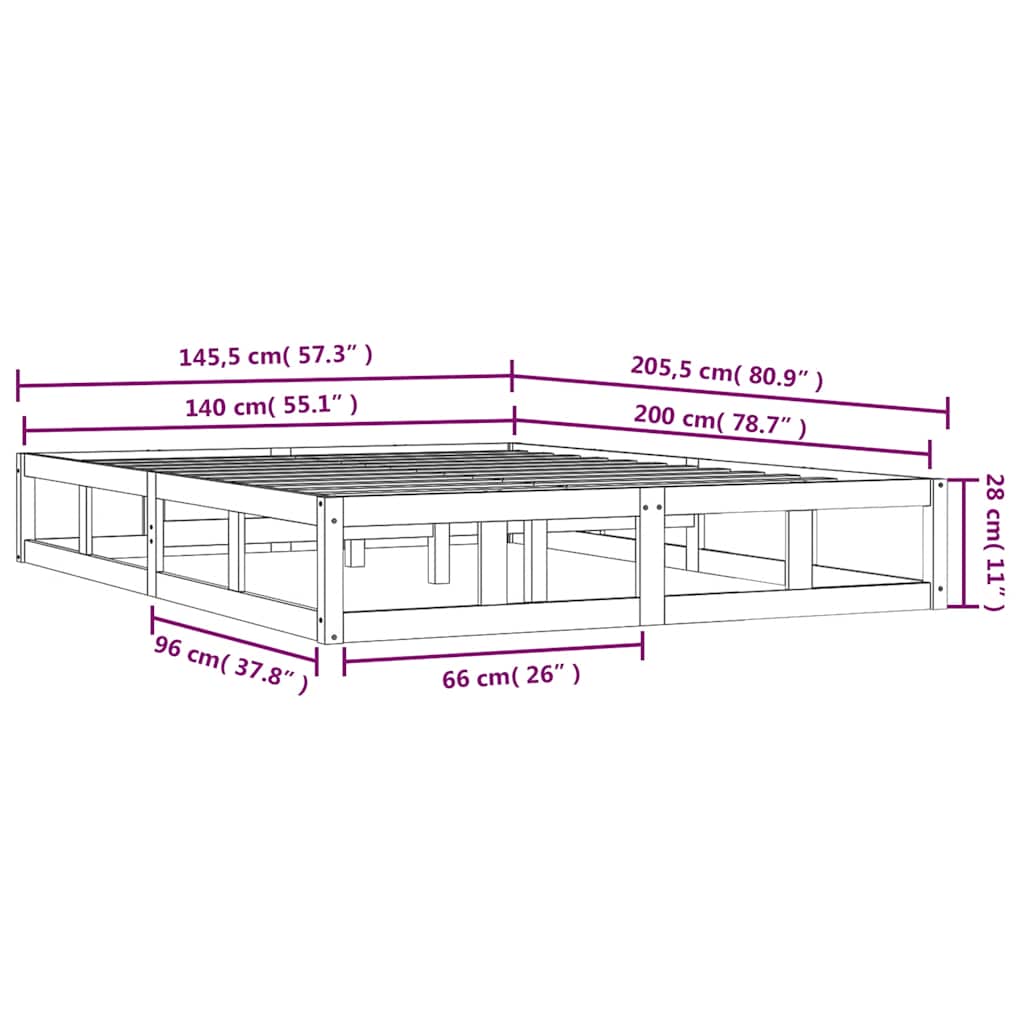 Okvir za krevet bijeli 140 x 200 cm od masivnog drva
