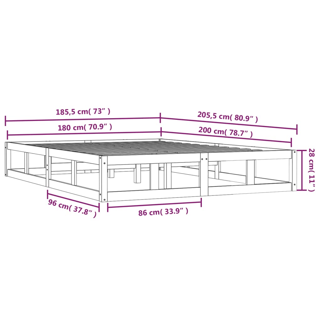 Okvir za krevet bijeli 180x200 cm bračni od masivnog drva