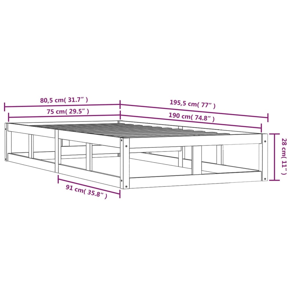 Okvir za krevet bijeli 75 x 190 cm jednokrevetni drveni