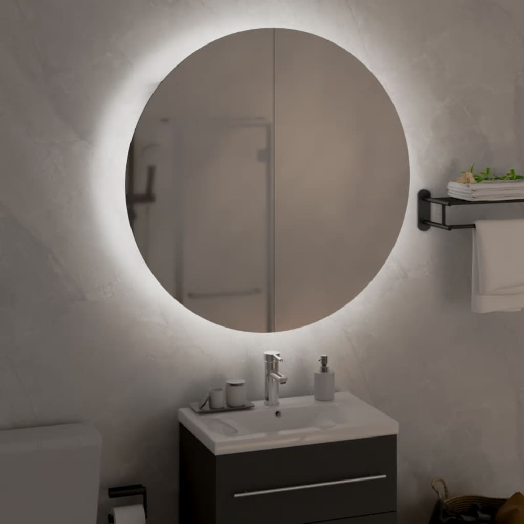 Kupaonski ormarić s okruglim ogledalom LED crni 54x54x17,5 cm