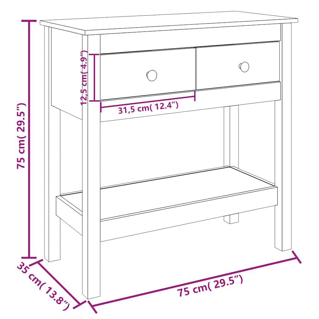 Konzolni stol bijeli 75 x 35 x 75 cm od masivne borovine