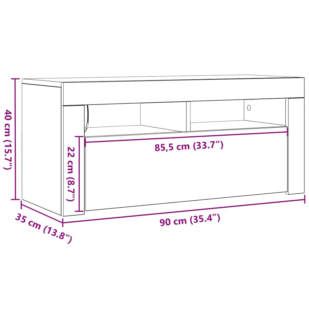 TV ormarić s LED svjetlima boja dimljenog hrasta 90x35x40 cm