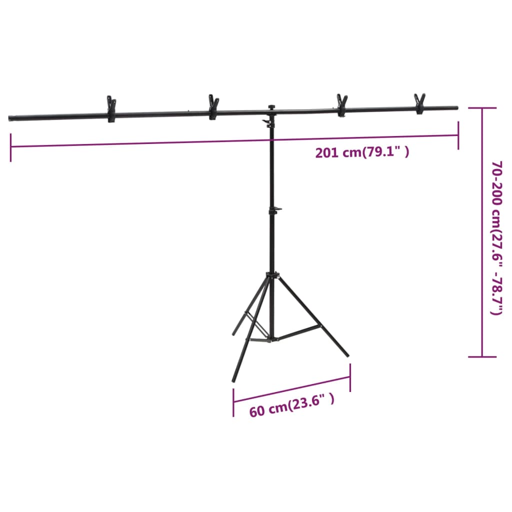 Stalak za pozadinu u obliku slova T crni 201x60x(70-200) cm