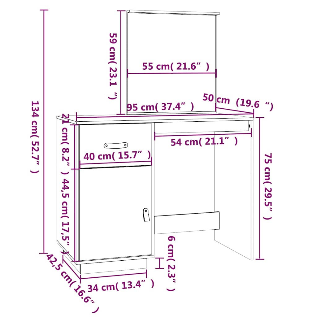 Toaletni stolić sivi 95 x 50 x 134 cm od masivne borovine