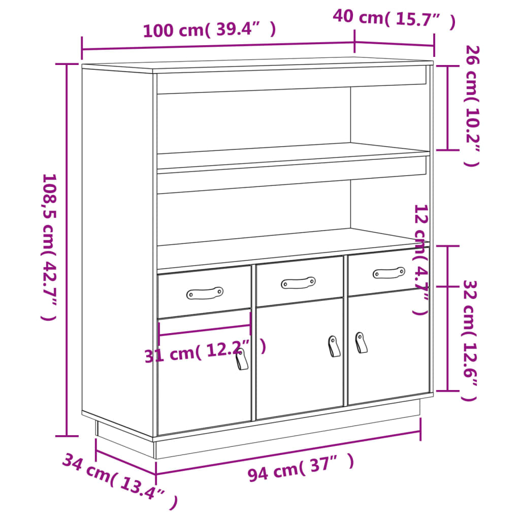 Visoka komoda siva 100 x 40 x 108,5 cm od masivne borovine