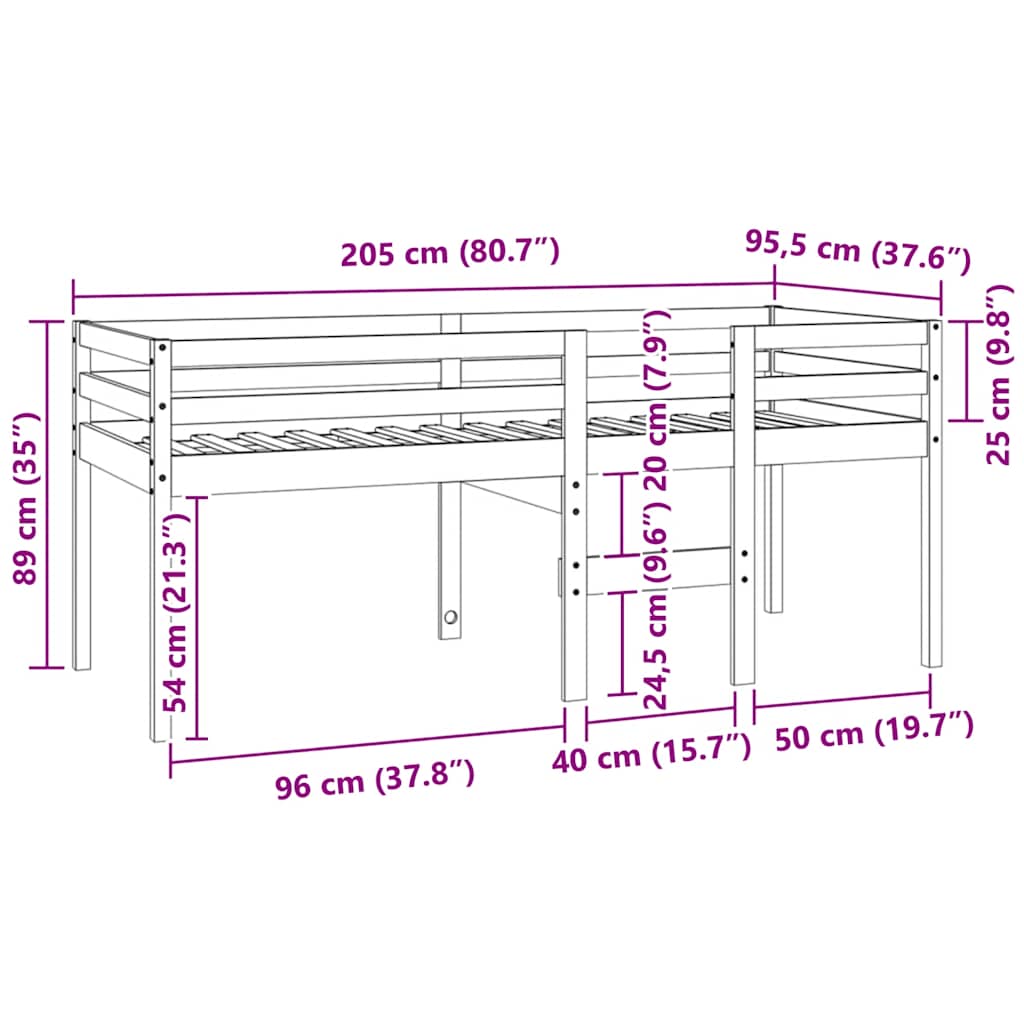 Visoki krevet bijeli 90 x 200 cm od masivne borovine