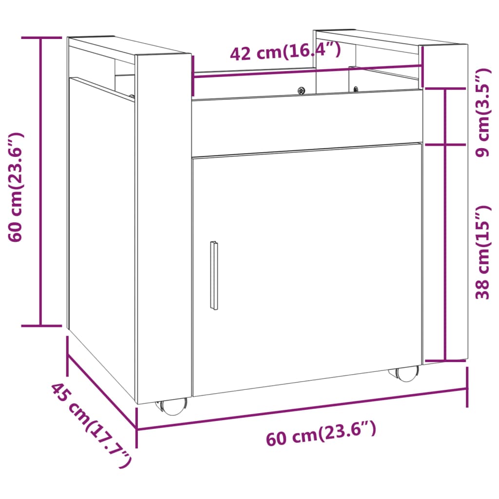 Kolica za radni stol boja sivog hrasta 60 x 45 x 60 cm drvena