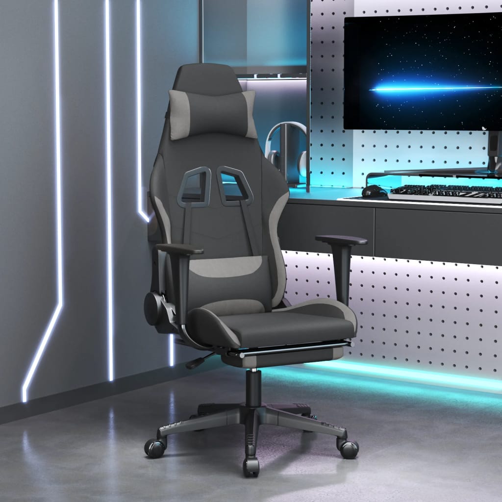 Igraća stolica od tkanine s osloncem za noge crno-siva