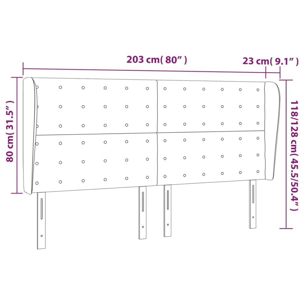 Uzglavlje s ušima tamnosivo 203x23x118/128 cm baršunasto