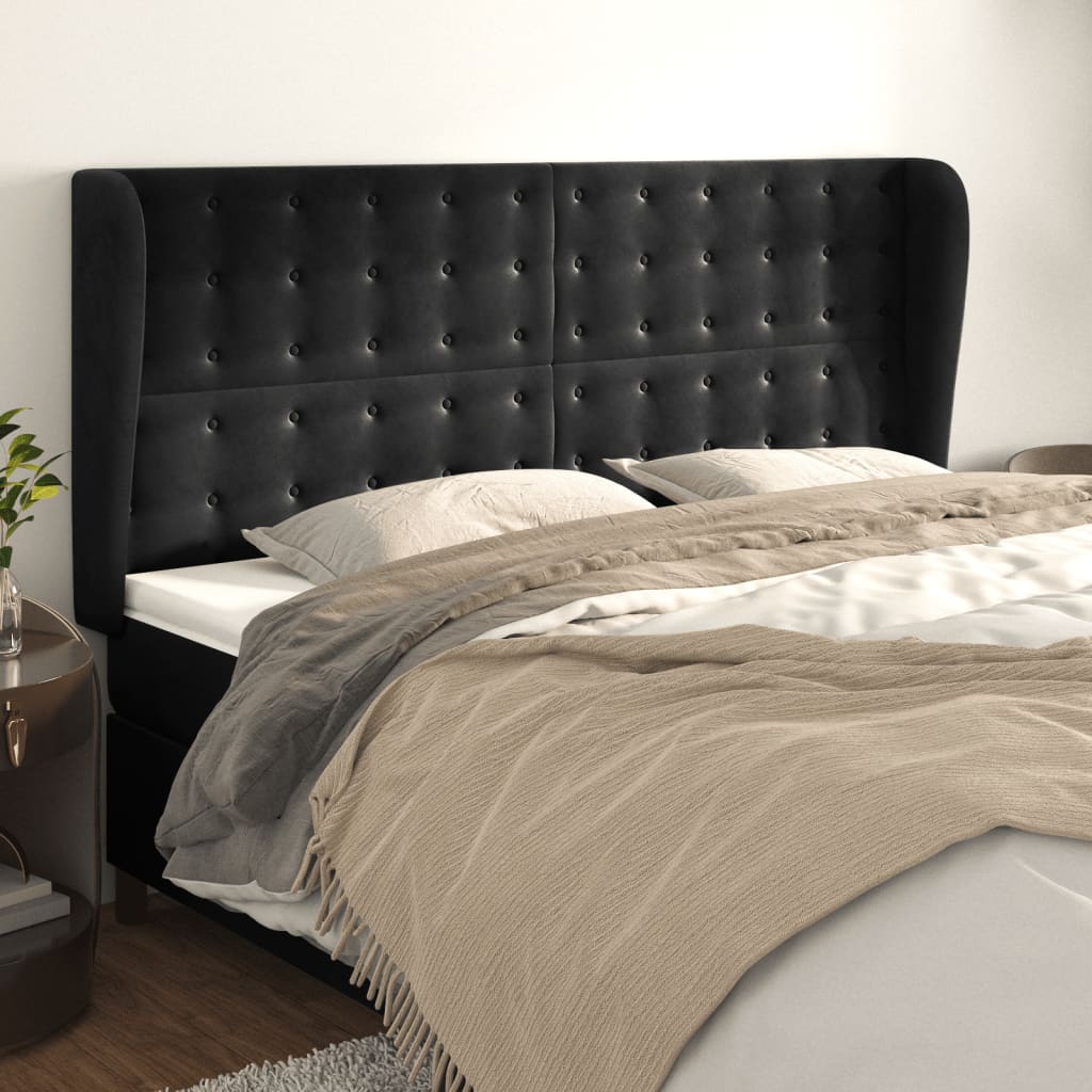 Uzglavlje s ušima crno 203x23x118/128 cm baršunasto
