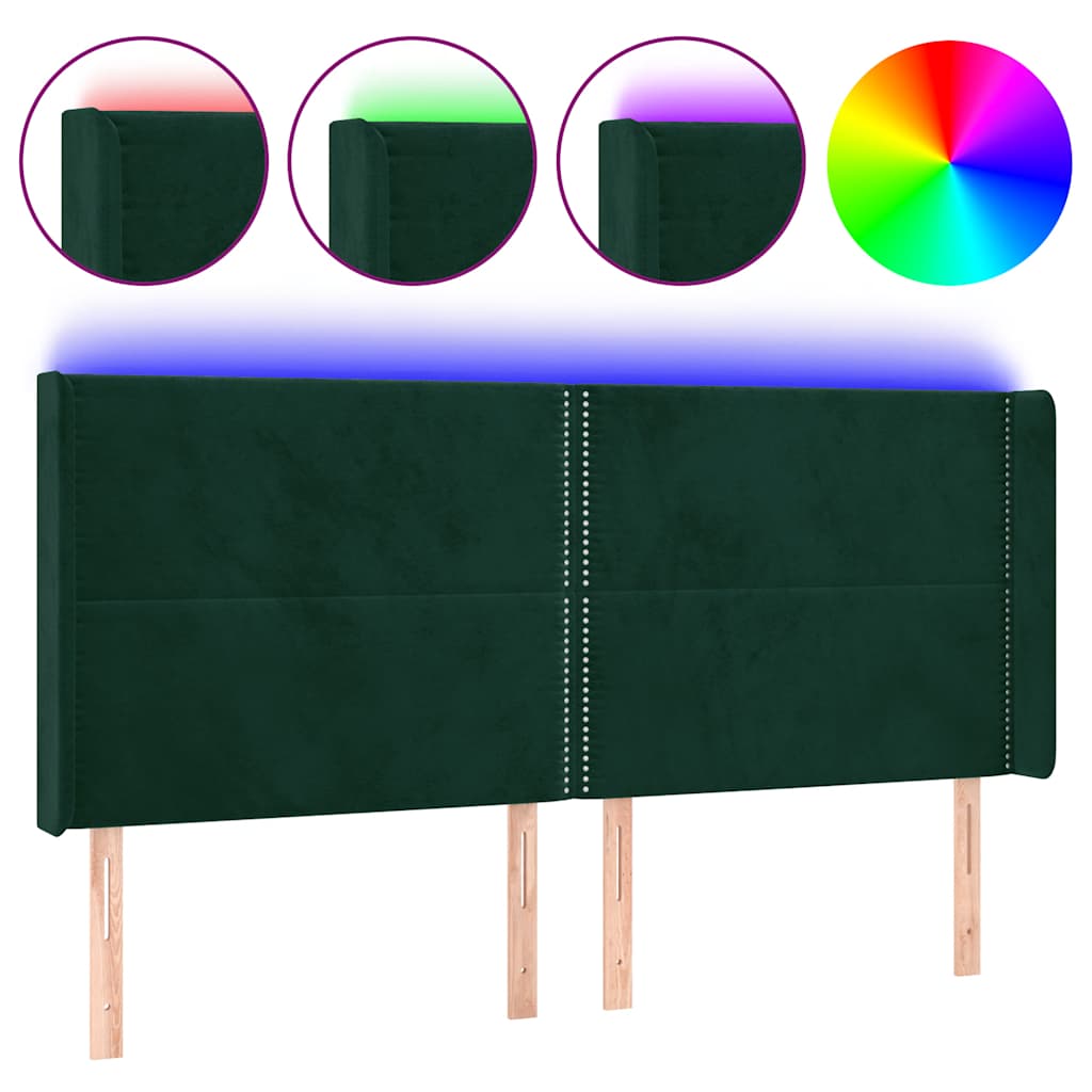 LED uzglavlje tamnozeleno 203 x 16 x 118/128 cm baršunasto