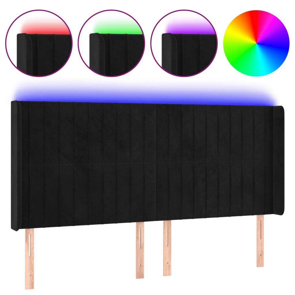 LED uzglavlje crno 183 x 16 x 118/128 cm baršunasto