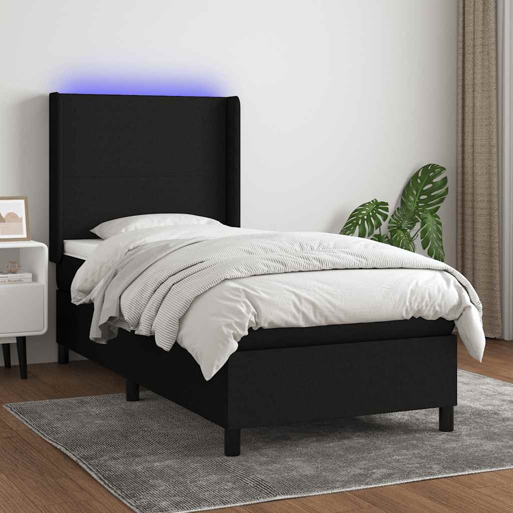 Krevet box spring s madracem LED crni 90x190 cm od tkanine