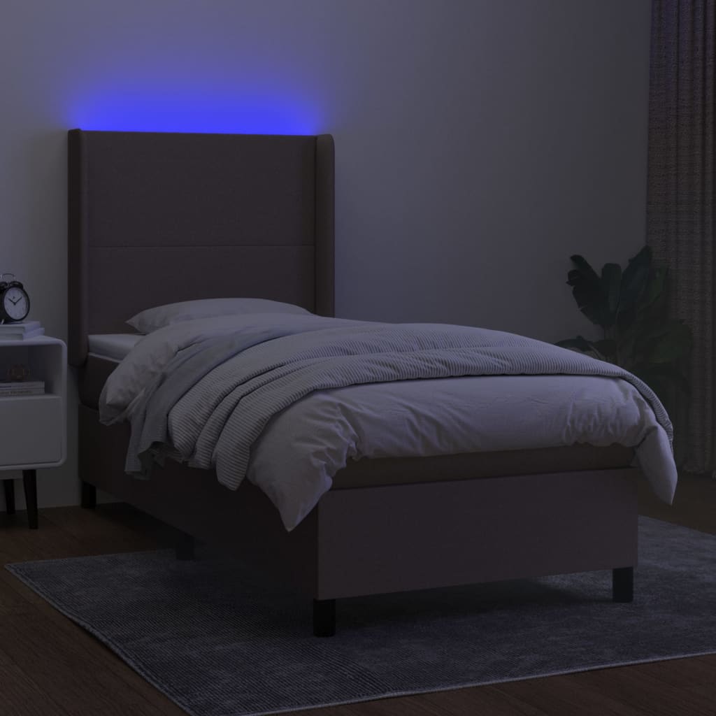 Krevet box spring s madracem LED smeđesivi 90x200 cm tkanina