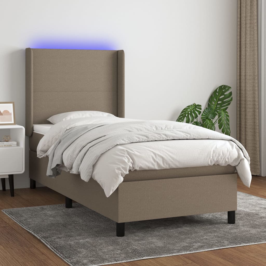 Krevet box spring s madracem LED smeđesivi 100x200 cm tkanina