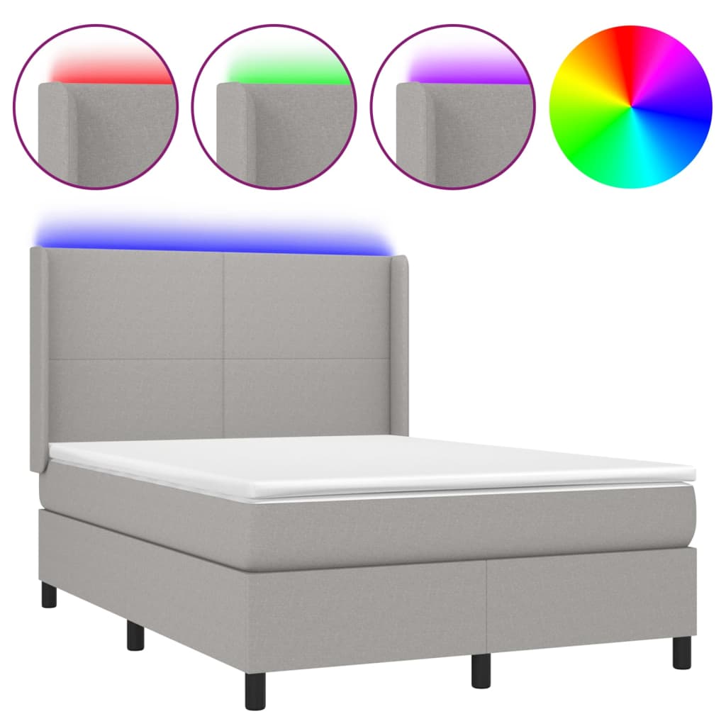 Krevet box spring s madracem LED svjetlosivi 140x190 cm tkanine